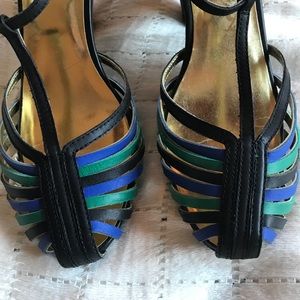 Seychelles Mod Anthropologie Retro leather heels sandals blue black size 10